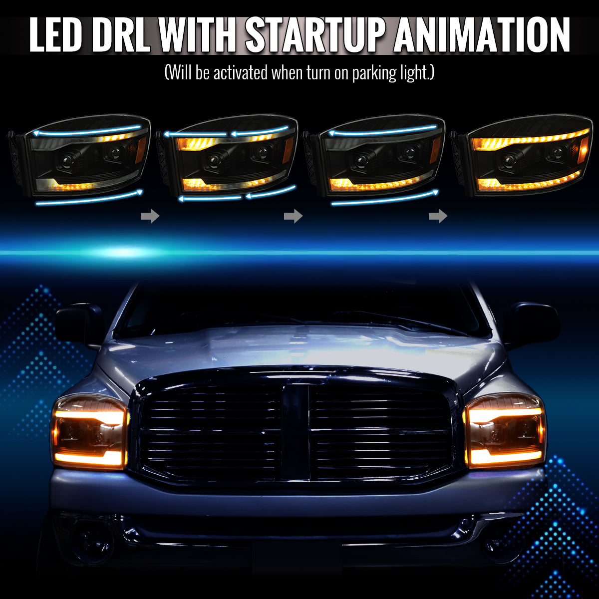 2006–2008 Dodge RAM 1500 / 2006–2009 RAM 2500 3500 Projector Headlights with Switchback Amber LED Strips, Sequential Turn Signals, DRL & Startup Animation (Black Housing / Smoked Lens)