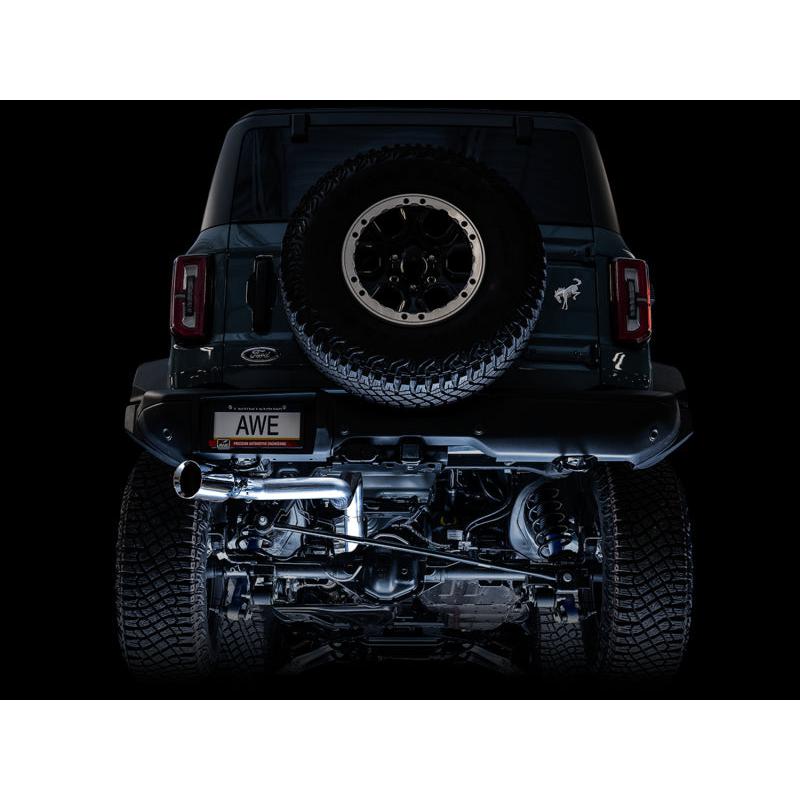 AWE Tuning 2021+ Ford Bronco 0FG Single Rear Exit Exhaust w/Chrome Silver Tip & Bash Guard-SR1 Performance