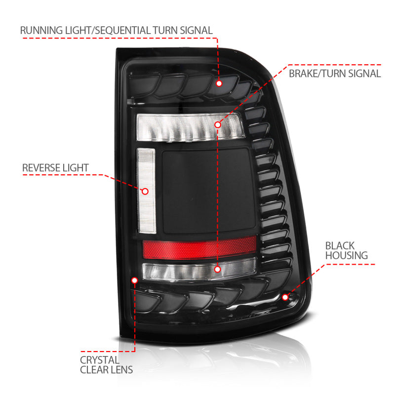 ANZO Full LED Tail Lights for RAM 1500 (2019-2024, Factory LED Models) - SeqSig Black Pair