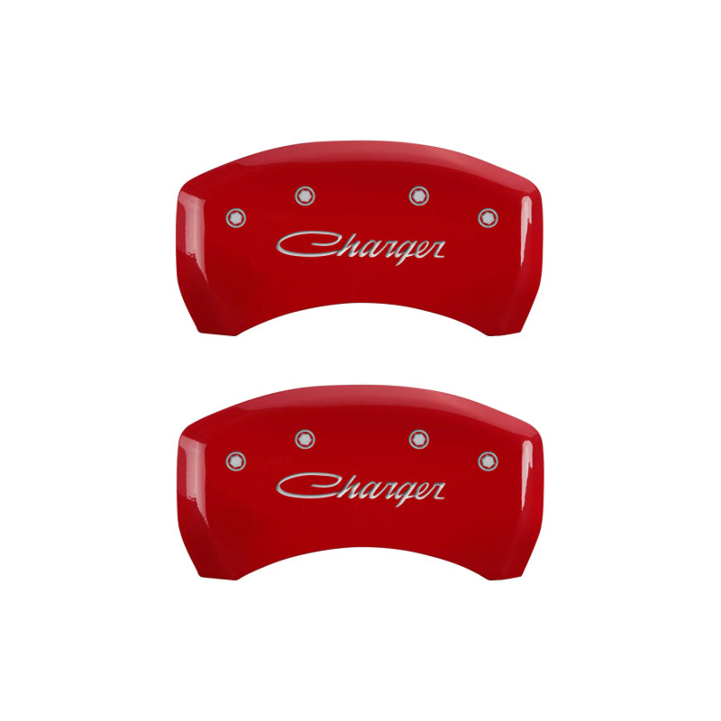 MGP 4 Caliper Covers Engraved Front & Rear Cursive/Charger Red finish silver-SR1 Performance