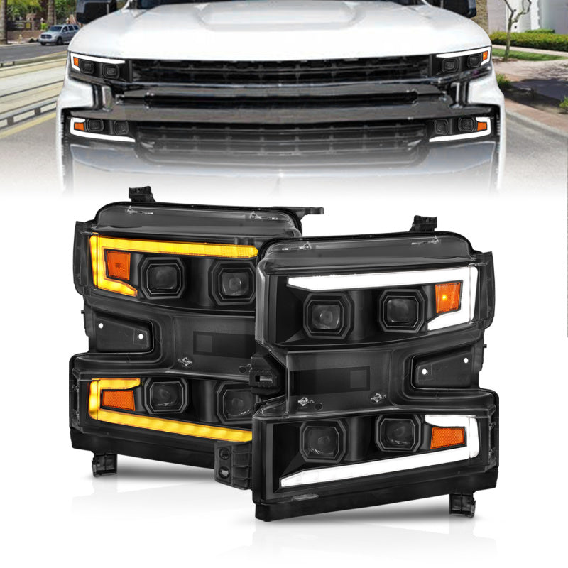 ANZO 19-22 Chevrolet Silverado 1500 LED Proj HL w/Lgt Bar SwBk Seq. Blk w/In. Light - Driver Side ON-SR1 Performance