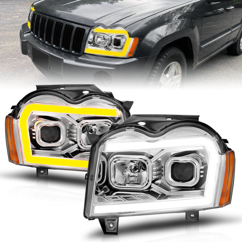 ANZO 05-07 Jeep Grand Cherokee Projector Headlights - w/ Light Bar Switchback Chrome Housing-SR1 Performance