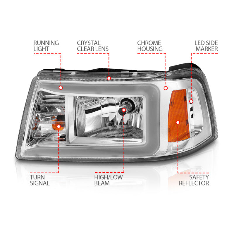 ANZO 2001-2011 Ford Ranger Crystal Headlights w/ Light Bar Chrome Housing-SR1 Performance