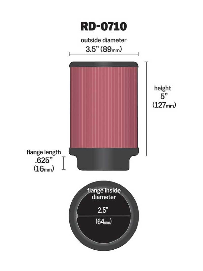 K&N Universal Rubber Filter 2.5in Flange ID x 3.5in OD x 5in Height-SR1 Performance