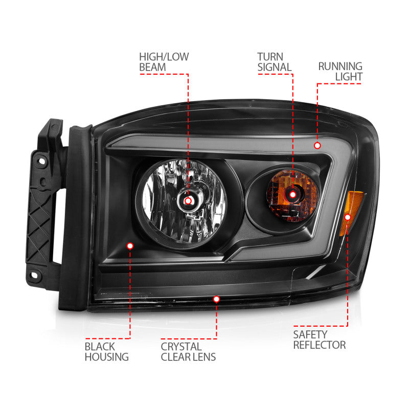 Anzo 06-09 Dodge RAM 1500/2500/3500 Headlights Black Housing/Clear Lens (w/ Light Bars)-SR1 Performance
