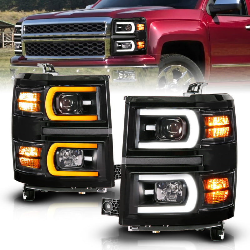 Anzo 14-15 Chevy Silverado 1500 Black Dual Switchback+Sequential LED Tube Sq. Projector Headlights-SR1 Performance