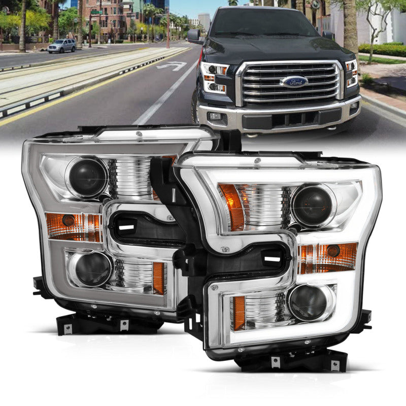 ANZO 2015-2017 Ford F-150 Projector Headlights w/ Plank Style Switchback Chrome w/ Amber-SR1 Performance