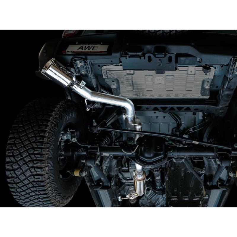 AWE Tuning 2021+ Ford Bronco 0FG Single Rear Exit Exhaust w/Chrome Silver Tip & Bash Guard-SR1 Performance