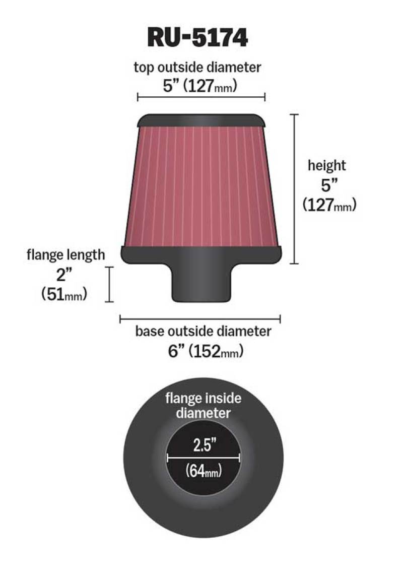 K&N Universal Rubber Filter-Round Tapered 2.5in Flange ID x 6in Base OD x 5in Top OD x 5in Height-SR1 Performance