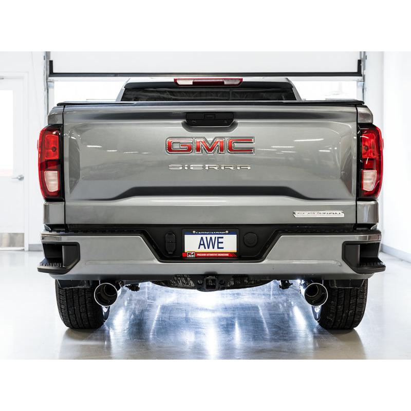 AWE Tuning 4th Gen GM 1500 5.3L 0FG Catback Split Rear Exit (Flat Bumper) - Quad Chrome Tips-SR1 Performance