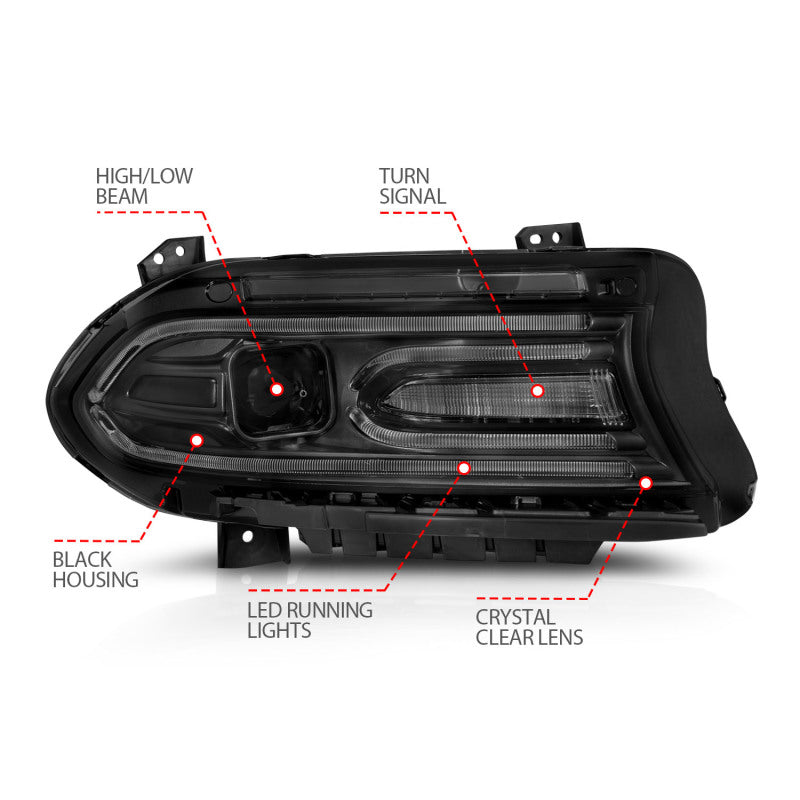 ANZO 2015-2018 Dodge Charger Projector Headlights Plank Style Black-SR1 Performance