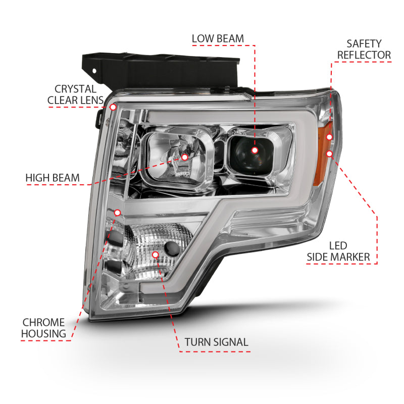 ANZO 2009-2014 Ford F-150 Projector Headlight Plank Style Chrome Amber-SR1 Performance