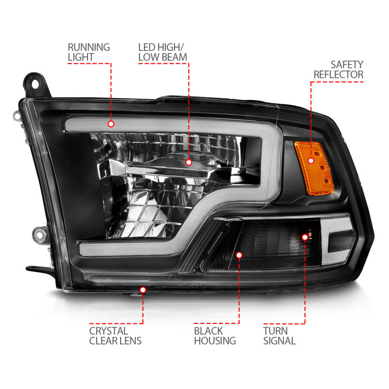 ANZO 2009-2020 Dodge Ram 1500 Full LED Square Projector Headlights with Black Housing and Clear Lens