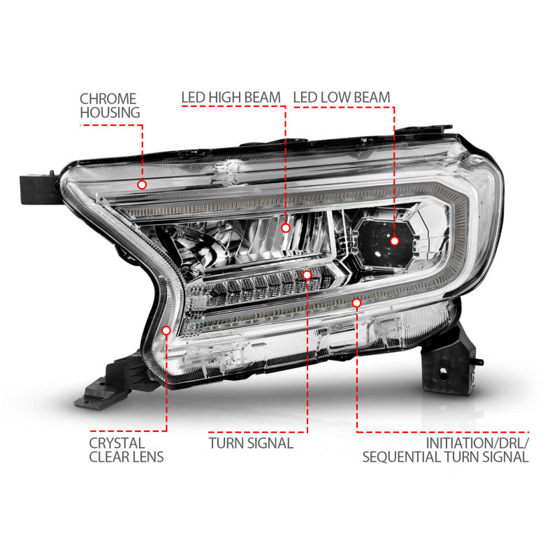 ANZO 19-23 Ford Ranger Full LED Projector Headlights w/ Initiation & Sequential - Chrome-SR1 Performance