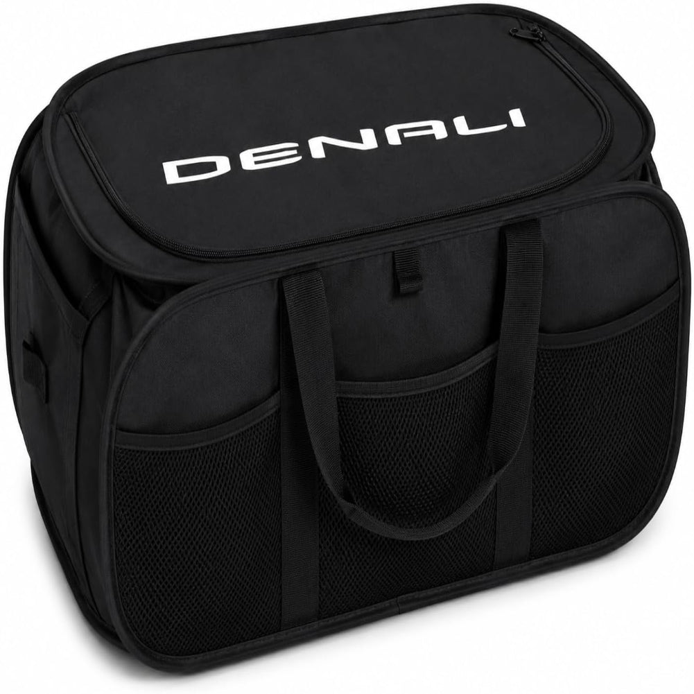 GMC Denali Cargo Organizer – Expandable Pop Up Collapsible Trunk Storage Caddy for GMC Trucks & SUVs – Black with Denali Logo
