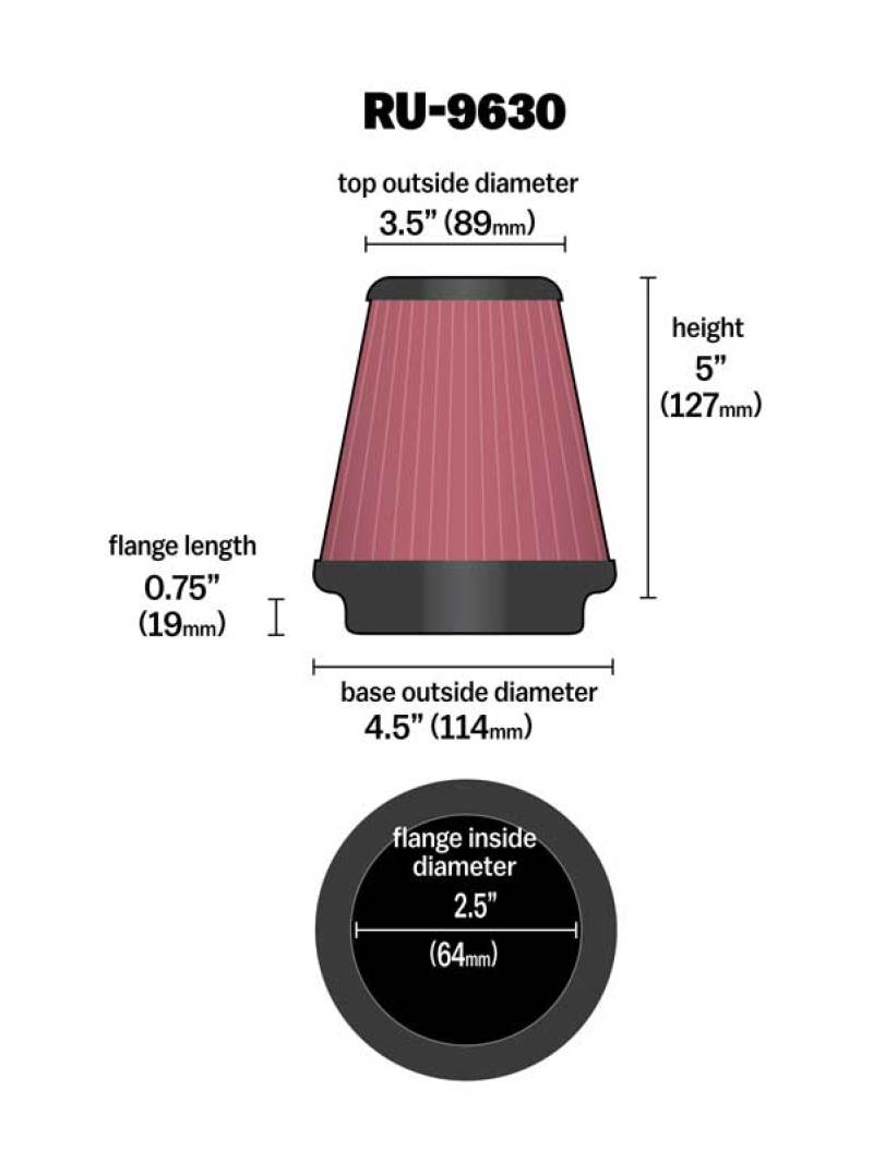 K&N Universal Tapered Filter 2.5in Flange ID x 4.5in Base OD x 3.5in Top OD x 5in Height-SR1 Performance