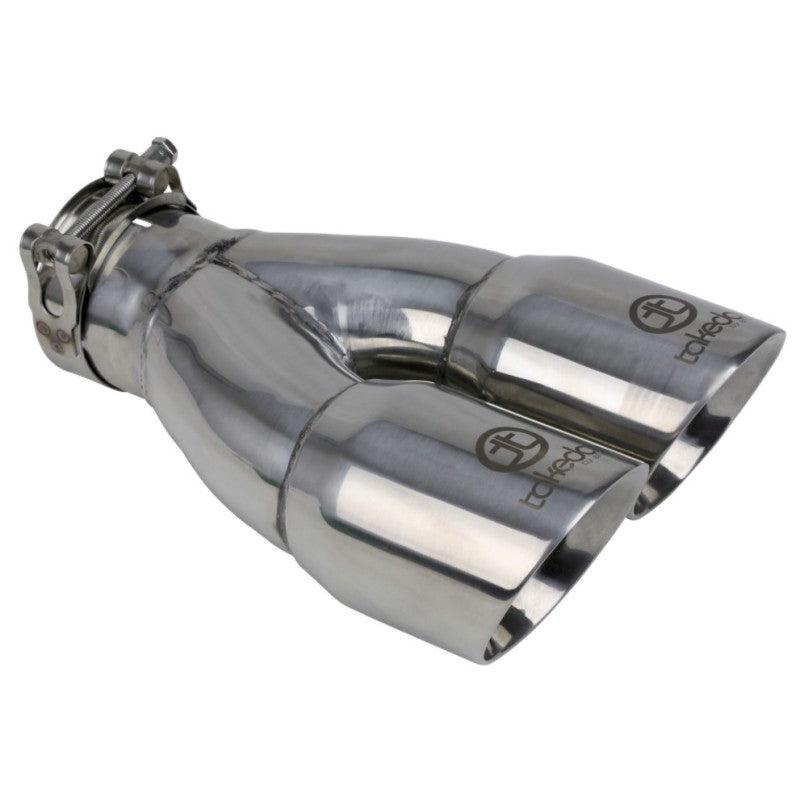aFe Takeda 2.5in 304 Stainless Steel Clamp-on Exhaust Tip 2.5in Inlet 3in Dual Outlet - Polished-SR1 Performance