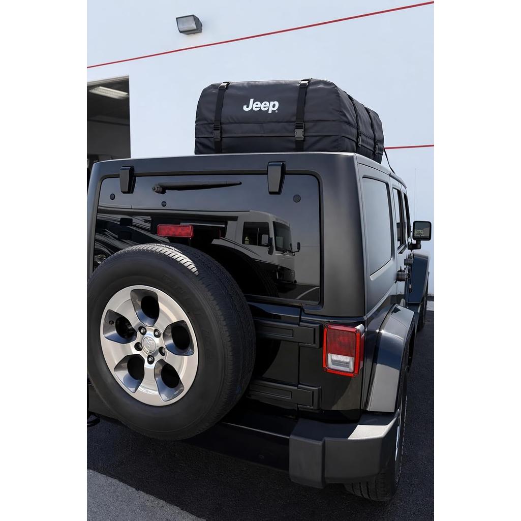 Car Roof Cargo Bag – 100% Waterproof Rooftop Carrier for Cars with/Without Rack, Includes Non-Slip Mat, Heavy-Duty Straps, Door Hooks & Lock for Secure Travel Storage (15 Cubic Feet, Jeep Logo)