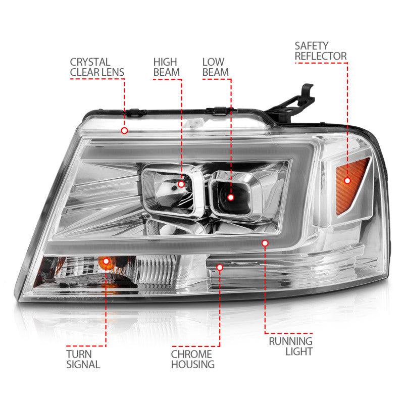 ANZO 2004-2008 Ford F-150 Projector Headlights w/ Light Bar Chrome Housing-SR1 Performance