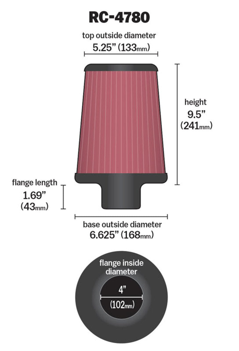 K&N Universal Filter Round Tapered 4in FlangeID / 6.625in Base OD / 5.25in Top OD / 9.5in Height-SR1 Performance