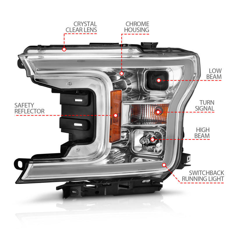 ANZO 2018-2020 Ford F-150 Projector Headlight w/Plank Style Switchback Chrome Housing-SR1 Performance