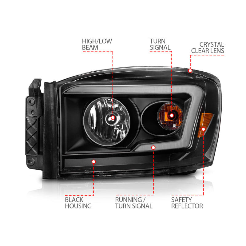 Anzo 06-09 Dodge RAM 1500/2500/3500 Headlights Black Housing/Clear Lens (w/Switchback Light Bars)-SR1 Performance