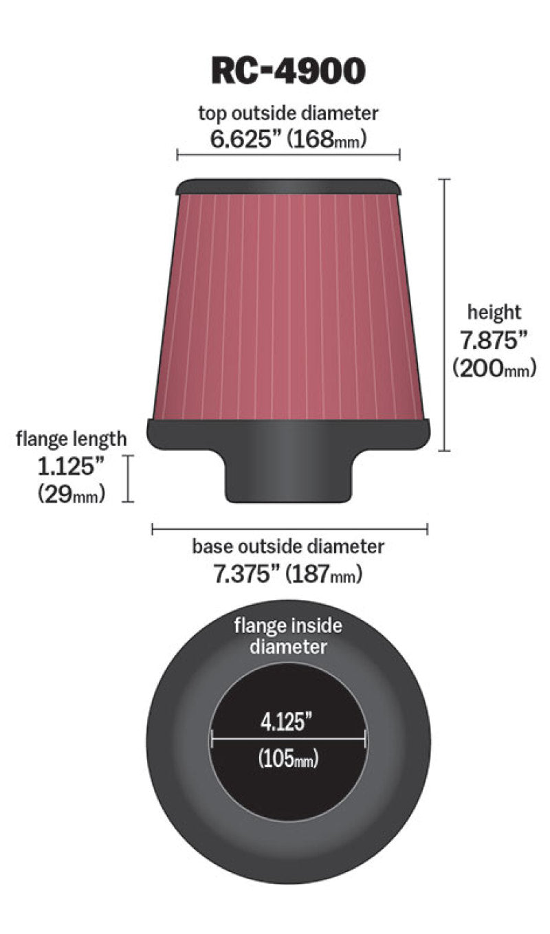 K&N Universal Air Filter Round Tapered 7.375in Base OD / 6.625in Top OD / 7.875in Height-SR1 Performance