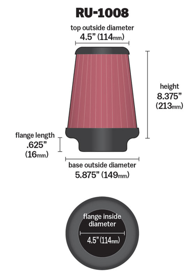 K&N Universal Clamp-On Air Filter 4-1/2in FLG / 5-7/8in B / 4-1/2in T / 8-3/8in H-SR1 Performance