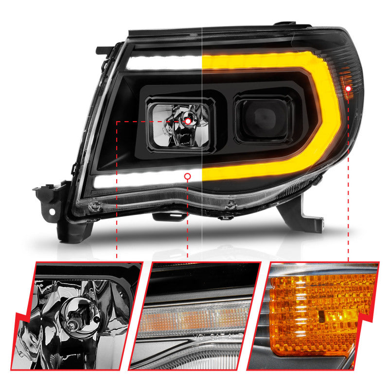 ANZO 05-11 Toyota Tacoma Projector Headlights w/Light Bar Switchback Black Housing-SR1 Performance