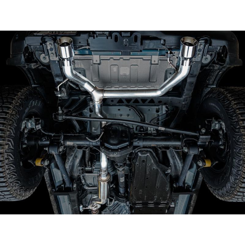 AWE Tuning 2021+ Ford Bronco 0FG Dual Rear Exit Exhaust w/Chrome Silver Tips & Bash Guard-SR1 Performance