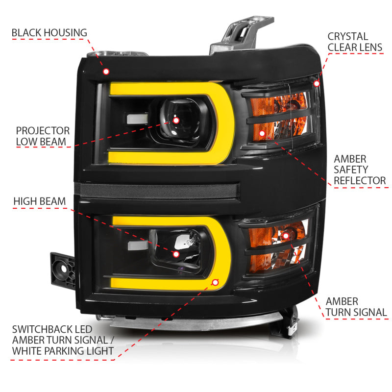 ANZO 14-15 Chevrolet Silverado 1500 Projector Headlights w/ Plank Style Switchback Black w/ Amber-SR1 Performance