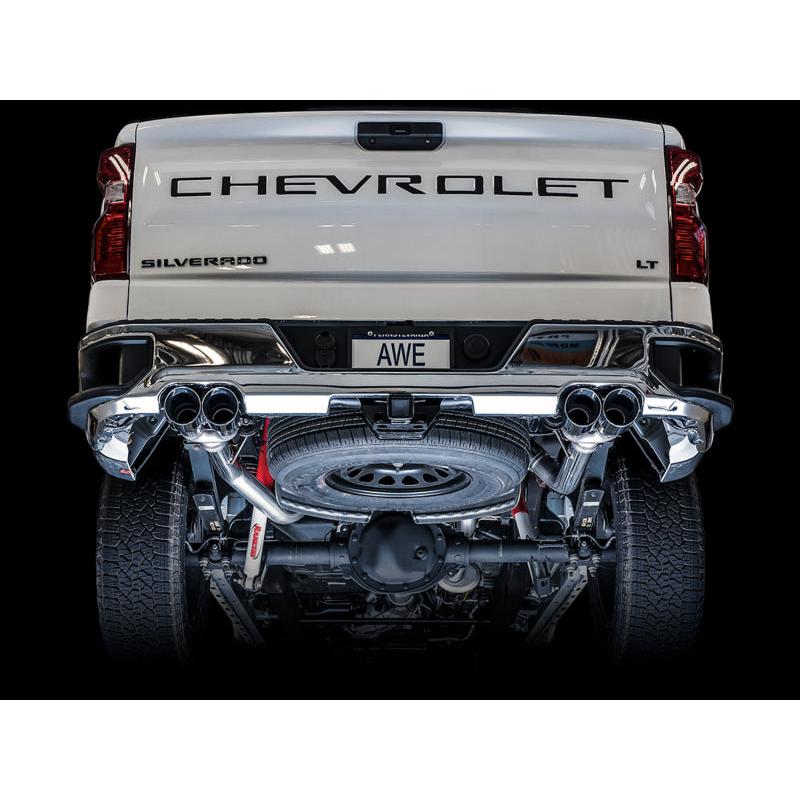 AWE Tuning 4th Gen GM 1500 5.3L 0FG Catback Split Rear Exit (w/ Bumper Cutouts) - Quad Chrome Tips-SR1 Performance