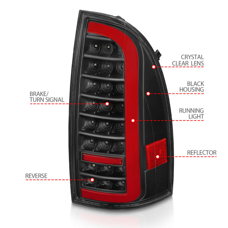 ANZO 05-15 Toyota Tacoma Full LED Tail Lights w/Light Bar Sequential Black Housing Clear Lens-SR1 Performance