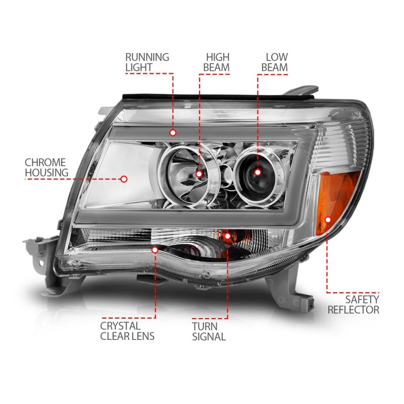 ANZO 2005-2011 Toyota Tacoma Projector Headlights w/ Light Bar Chrome Housing-SR1 Performance