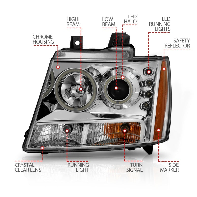 ANZO 2007-2013 Chevrolet Avalanche Projector Headlights w/ Halo Chrome-SR1 Performance