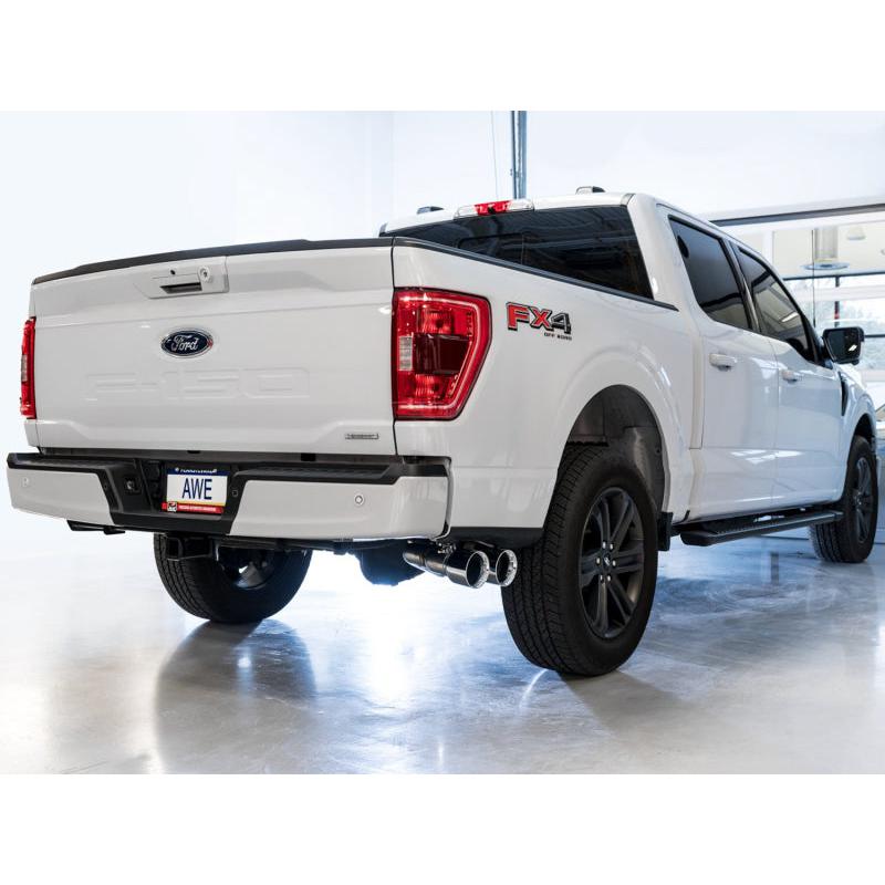 AWE 0FG 21+ Ford F150 Dual Side Exit Cat-Back Exhaust- 4.5in Chrome Silver Tips-SR1 Performance