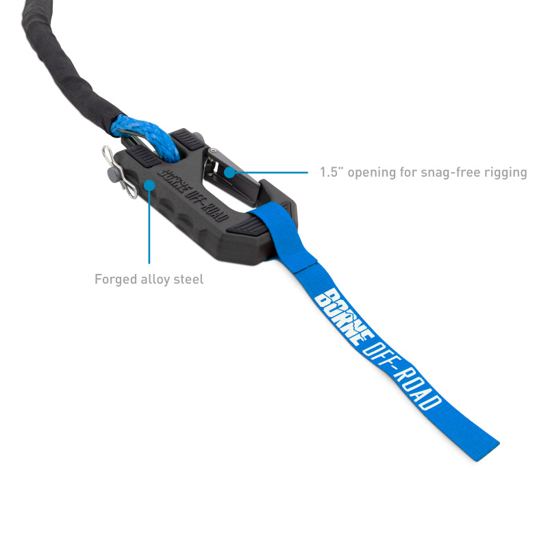 Borne Off-Road Winch Hook with 3/8 Inch Rope and Hand Strap - Blue