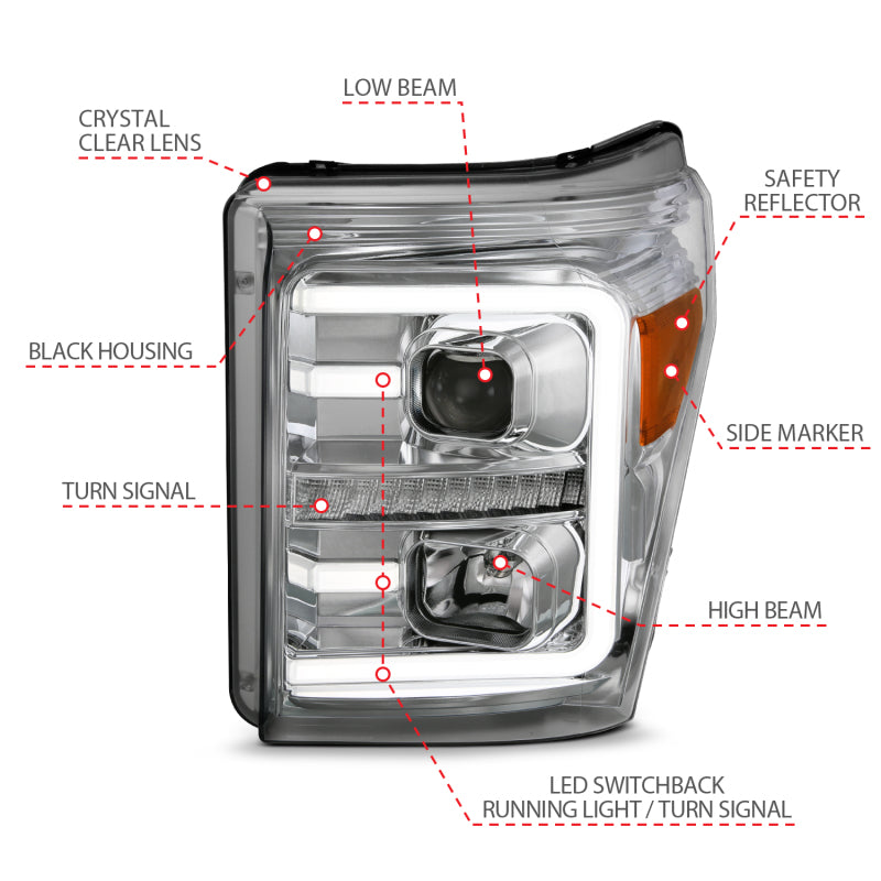 ANZO 11-16 Ford F-250/F-350/F-450 Projector Headlights w/ Plank Style Switchback Chrome w/Amber-SR1 Performance