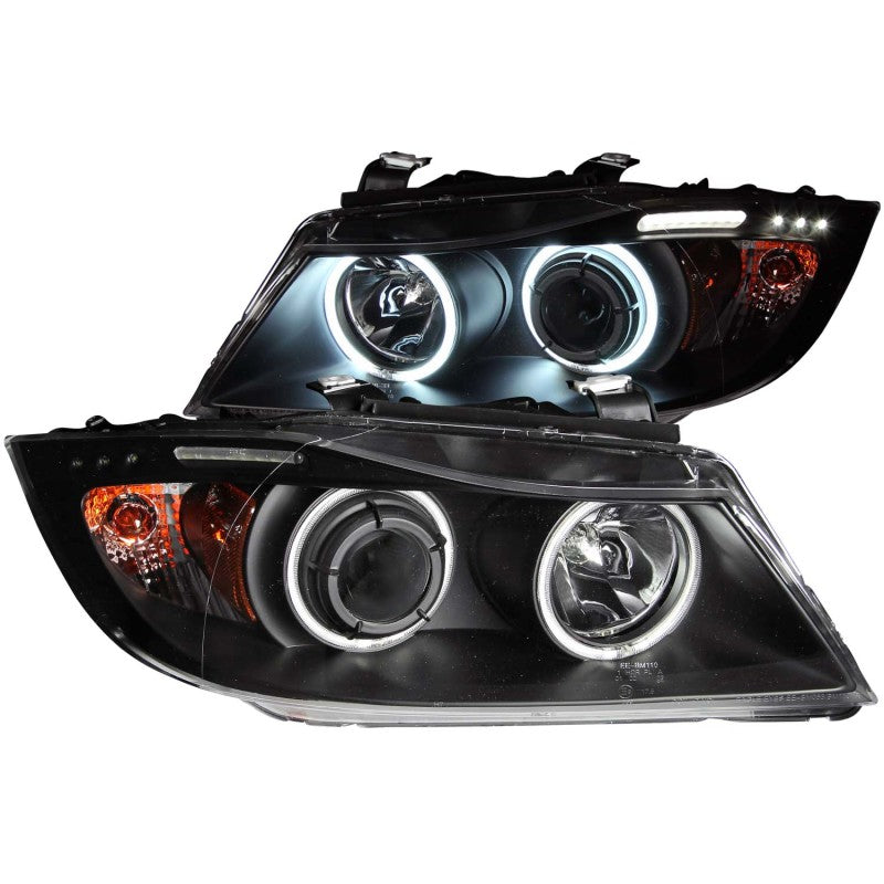 ANZO 2006-2008 BMW 3 Series E90-E91 Projector Headlights w/ Halo w/ LED Bar Black (CCFL)-SR1 Performance