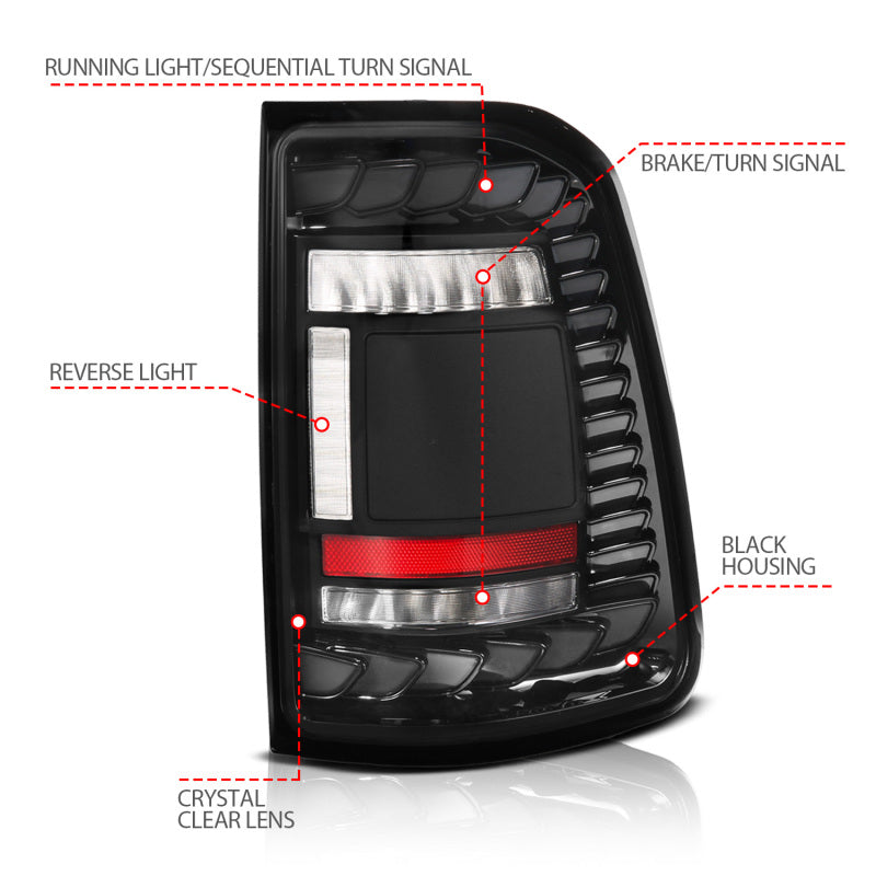 ANZO 311480A Full LED Tail Lights for RAM 1500 (2019-2024) Factory Halogen Models, SeqSig Black - Pair