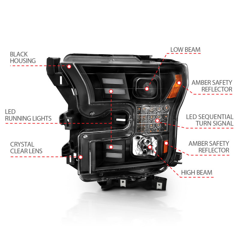 ANZO 15-17 Ford F-150 Project Headlights w/ Plank Style Design Black w/ Amber Sequential Turn Signal-SR1 Performance