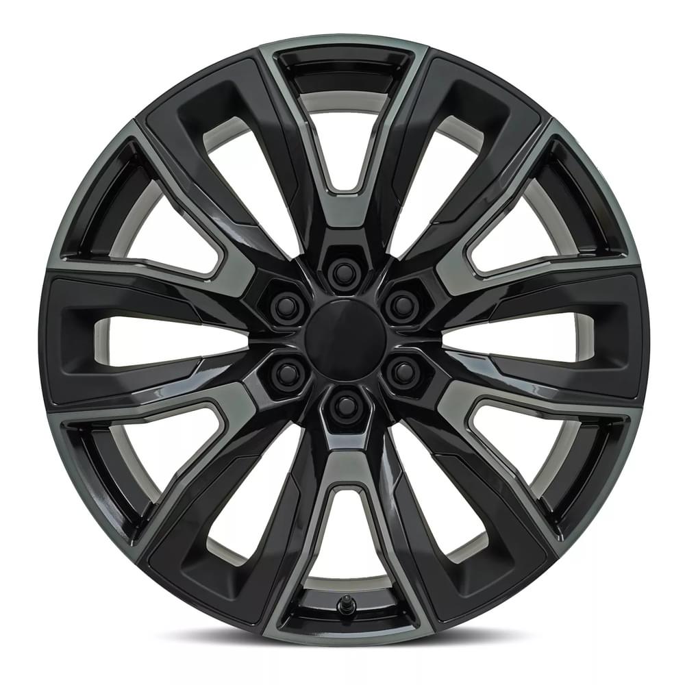 FR 207 - GM SPLIT 6 SPOKE REPLICA WHEEL-Gloss Black Machine Face w/Dark Tint and Satin Black Inserts 22x9 6x5.5 + 28 HB 78.1