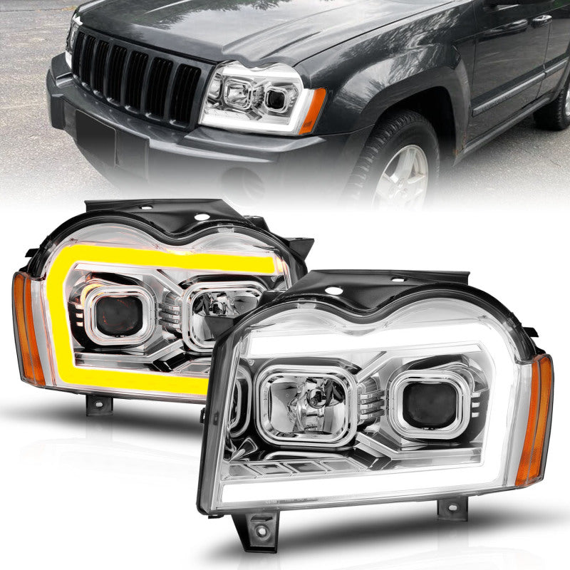 ANZO 05-07 Jeep Grand Cherokee Projector Headlights - w/ Light Bar Switchback Chrome Housing-SR1 Performance