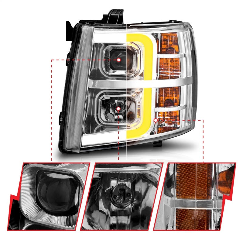 ANZO 2007-2013 Chevrolet Silverado 1500 Projector w/ Light Bar Chrome Housing w/ Sequential-SR1 Performance