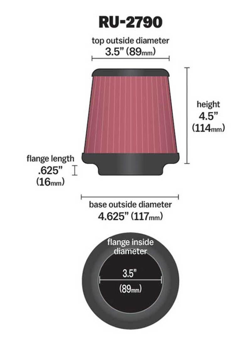 K&N Filter Universal Rubber Filter 3 1/2 inch Flange 4 5/8 inch Base 3 1/2 inch Top 4 1/2 inch Heigh-SR1 Performance