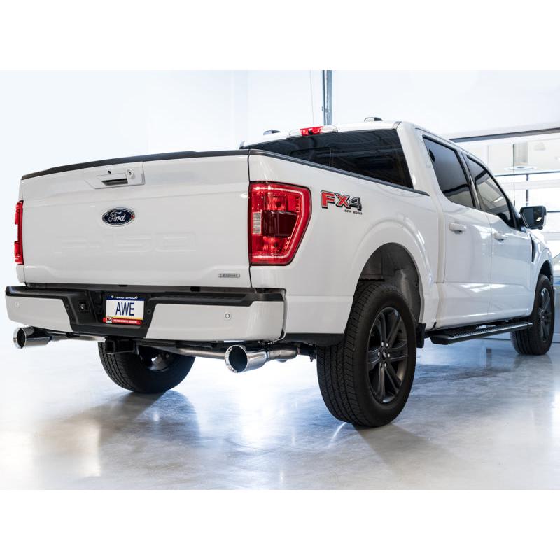 AWE 0FG 21+ Ford F150 Dual Split Rear Exhaust - 5in Chrome Silver Tips-SR1 Performance