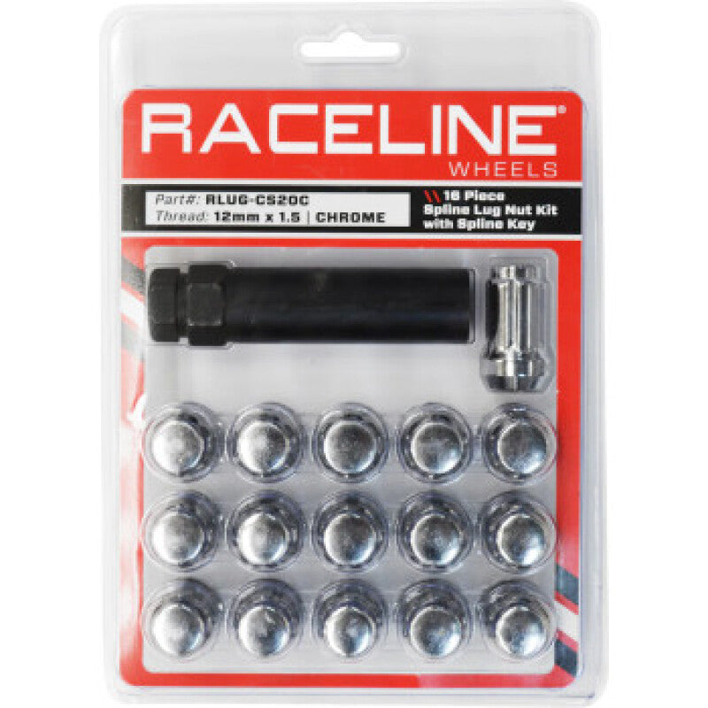 Raceline Spline Lug Nut Kit with Spline Key 12 x 1.5 - Chrome, 16 Pack - Part RLUG-CS20C