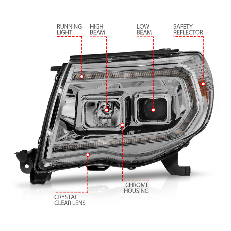 ANZO 05-11 Toyota Tacoma Projector Headlights w/Light Bar Switchback Chrome Housing-SR1 Performance