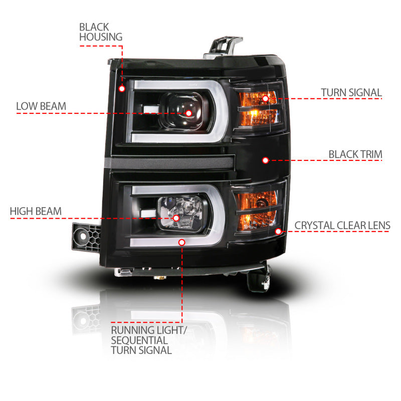 Anzo 14-15 Chevy Silverado 1500 Black Dual Switchback+Sequential LED Tube Sq. Projector Headlights-SR1 Performance