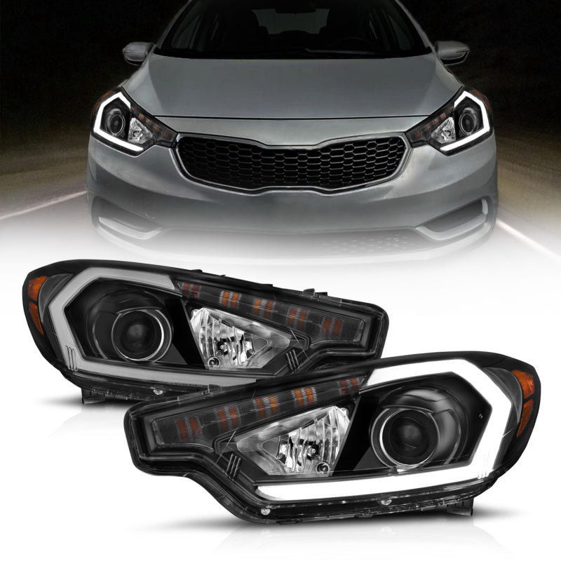 ANZO 2014-2016 Kia Forte Projector Headlights w/ Light Bar Black Housing w/ DRL-SR1 Performance